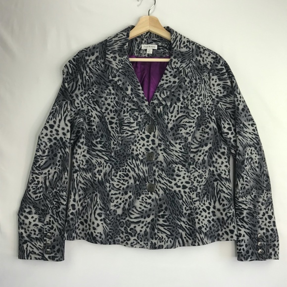 Joan Rivers Blazer Jacket Gray Animal Print Square Buttons Long Sleeves Womens L